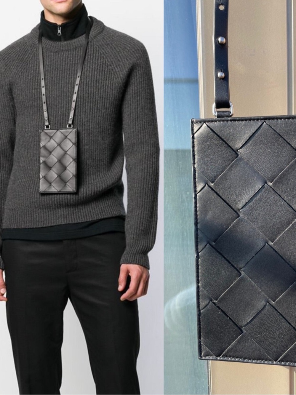 BOTTEGA VENETA Black Woven Leather lanyard phone / card case